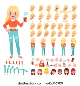 Vector Girl character for your scenes. Character creation set with various views, hairstyles, face emotions, lip sync, poses and gestures. Parts of body template for design work and animation. 