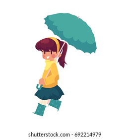 vector girl child wearing blue rubber boots, jacket walking keeping umbrella in hand. cartoon isolated illustration on a white background. Autumn activity kids concept
