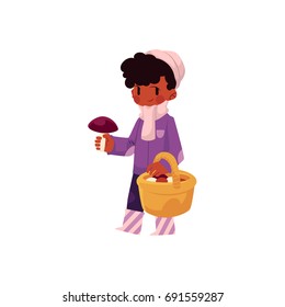 vector girl child wearing coat, rubber boots keeping basket in her hand collecting mushrooms. cartoon isolated illustration on a white background. Autumn activity kids concept