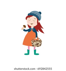 vector girl child wearing coat, knitted hat rubber boots keeping basket in her hand collecting mushrooms. cartoon isolated illustration on a white background. Autumn activity kids concept