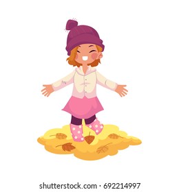 vector girl child wearing knitted hat ,rubber boots rejoices, cheerful throwing autumn leaves up . cartoon isolated illustration on a white background. Autumn activity kids concept
