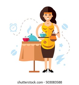 Vector Girl and coffee. Flat style colorful Cartoon illustration.