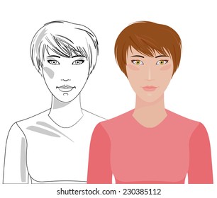 Vector girl in color and outline