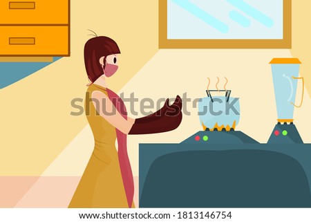 Vector girl cooking in the kitchen, home cooking illustration