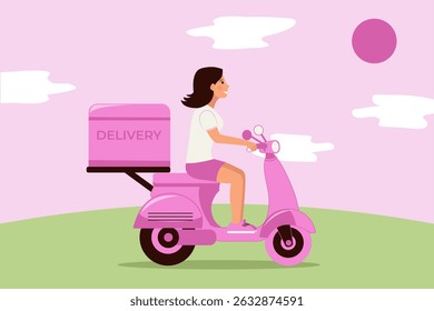 Vetor menina mensageiro morena entrega menina em uma scooter rosa com um pacote, com uma caixa de papelão anexada às costas, grama de fundo, gramado, céu, nuvens, sol