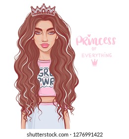 Vector girl in crown. Stylish princess. Cute young woman. Beautiful brunette. Princess of everything. Lady with long hair. Fashion illustration.
