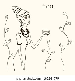 Vector girl with a cup of tea drawing