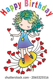 vector Girl with curly hair stand on a big flowers  happy birthday card