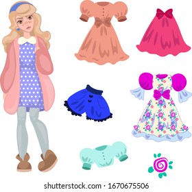 Vector girl cute soft style dresses kawaii cloth set collestion hand drawing