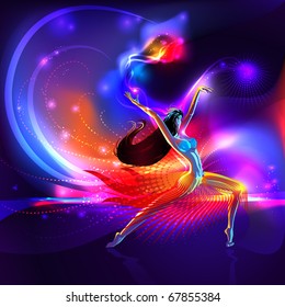 Vector girl dancing on shining multi colored vibrant abstract background