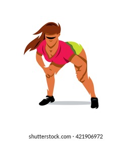 Vector Girl dancing Twerk Cartoon Illustration. Woman in red blouse and green shorts dancing half-sitting twerk. Branding Identity Corporate unusual Logo isolated on a white background