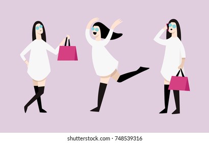 Vector girl in different poses on shopping
