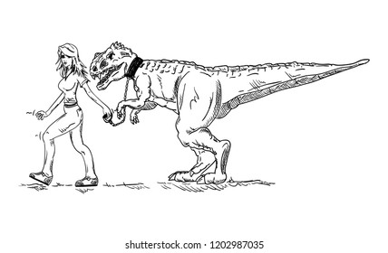 vector -  girl and  dinosaur - isolated on background