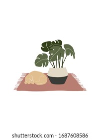 Vector girl and dog illustration. Stay home with huge and plants and dog
