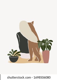 Vector girl and dog illustration. Stay home with huge and plants