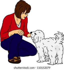 vector - girl with dog isolated on background ,color and black contour