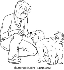 vector - girl with dog isolated on background , contour