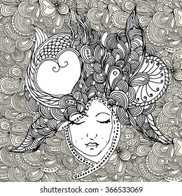 vector girl in doodle style with gorgeous hairs on doodle background. Can be used as card, invitation, background element, t-shirt print. Hand drawn style. Adult coloring book.