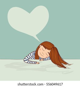 Vector girl dreaming in love marine with big heart illustration. Can be used and printed as card, postcard, placard, poster, invitation