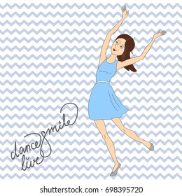 Vector girl in dress funny dances. Flat cartoon illustration isolated. Female long-haired teenager in casual clothing having fun dancing and smiling cheerfully.