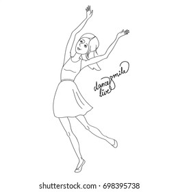 Vector girl in dress funny dances. Flat cartoon illustration isolated on a white background. Female long-haired teenager in casual clothing having fun dancing and smiling cheerfully.
