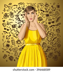vector girl in dress, surprised and looking up, and thinking about hipster stuff 