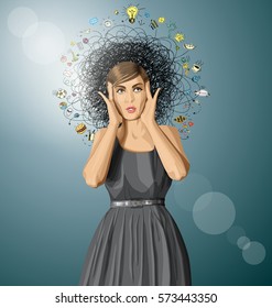 vector girl in dress, surprised and looking up
