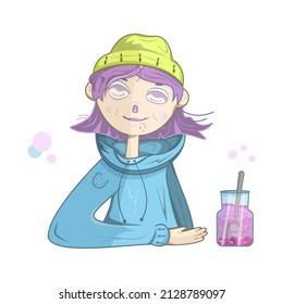 Vector girl dressed in blue hoodie and yellow hat who has eaten a spoon of tasty strawberry jam and some drops of the confiture have left on her face. Smiling young woman, kid with shut eyes.