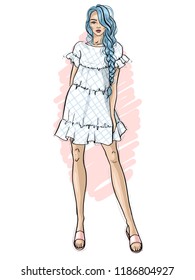 Vector girl dressed in dress and flip flops, with long hair, handdrawn picture