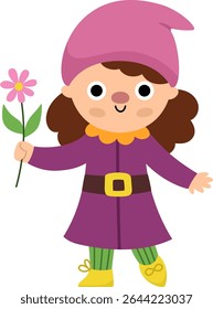 Vector girl dwarf icon. Magic creature clipart. Cute fairytale character. Woodland fantasy female garden gnome going with shovel. Forest fairy tale illustration isolated on white background
