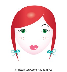Vector girl face. Beautiful young lady with red hair and green eyes