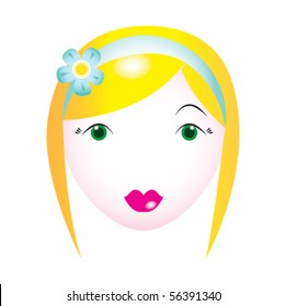 Vector girl face. Beautiful young lady with blond hair and green eyes. A flower in the hair.