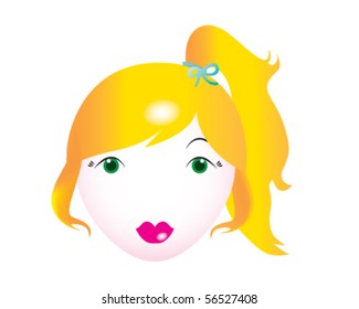 Vector girl face. Beautiful young lady with long blond hair, green eyes and hot pink lips.
