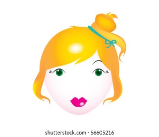 Vector girl face. Beautiful young lady with long blond hair, green eyes and hot pink lips.