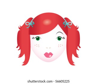 Vector girl face. Beautiful young lady with red hair and green eyes