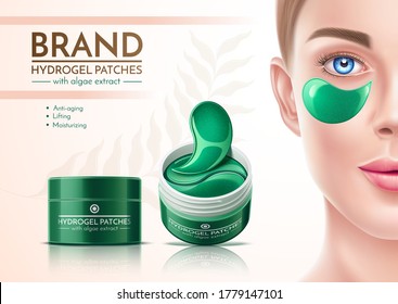 Vector Girl Face With Eye Patches In Cosmetics Jar. Hydrogel Skin Care Patches. Collagen Anti-wrinkles Mask. Anti-aging Cosmetics Natural Product Realistic Mockup.