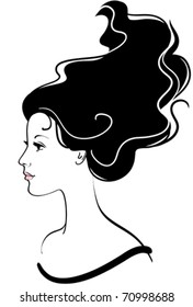 Vector girl face icon with long black hair