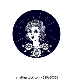 Vector girl face logo. Vector print in retro style. Portrait of a girl surrounded by flowers. Vector black and white illustration of a girl head in vintage style.