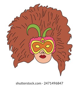 Vector girl face in outline clown cap, black mask, golden peacock feathers, ornate collar and beads isolated on white background