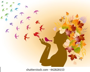 Vector girl face side with bird and birds fly hair spring background.,isolated colorful background.vector illustration.