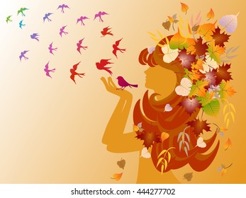 Vector girl face side with bird and birds fly hair spring background.,isolated colorful background.vector illustration.