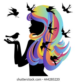 Vector girl face side with  bird fly hair spring background.,isolated colorful background.vector illustration.