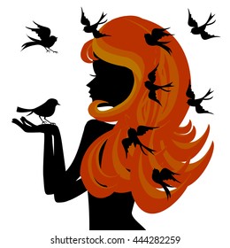 Vector girl face side with red hair and birds fly background.,isolated colorful background.vector illustration.
