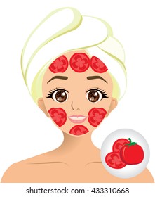 Vector of girl facial mask with tomato slice mask
