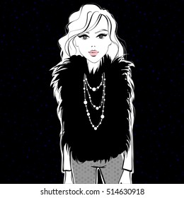 Vector girl. Fashion illustration. Sketch style, Young woman in fur coat. Casual outfit. Trendy design. Beautiful model