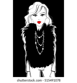 Vector girl. Fashion illustration. Sketch style, Young woman in fur coat. Casual outfit. Trendy design. Beautiful model.