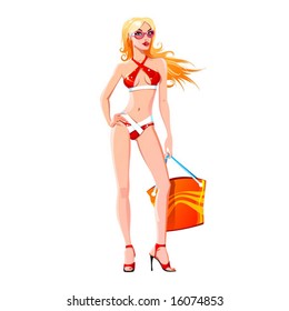 Vector girl in fashionable swimsuit on the beach, personage.