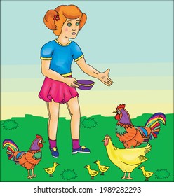 vector of girl feeding chicken and chicks
