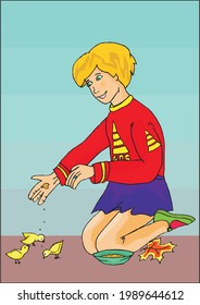vector of a girl feeding chicks 