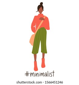 Vector girl in a flat minimalist style. Young woman with bag dressed in trendy clothes. Fashion illustration. Beautiful teenager in spring-autumn outfit. Female character. Abstract people image.